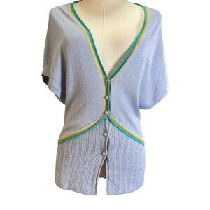 RAW 7 USA Silk Cashmere Graphic Short Sleeve Cardigan Sweater Women’s SZ:S Blue